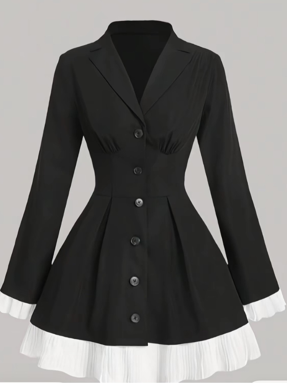 🖤Black Long-Sleeve Button Fit & Flare Dress with White Ruffle Trim. 🖤